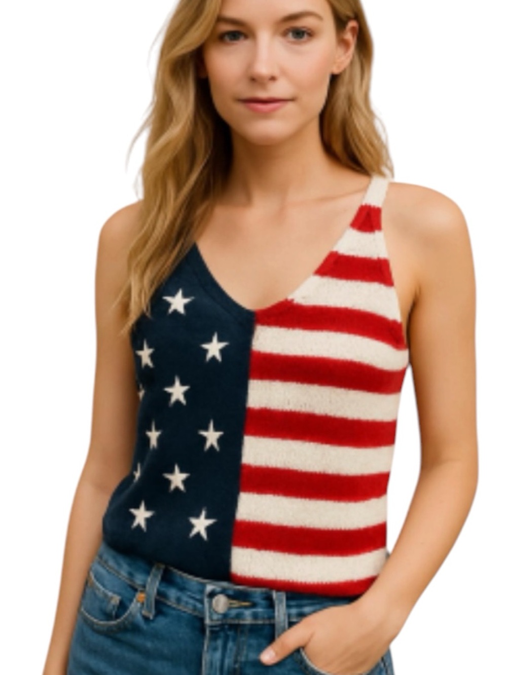 Moon & Madison American Flag Stars and Stripes Knit Tank Top Red White & Blue SM